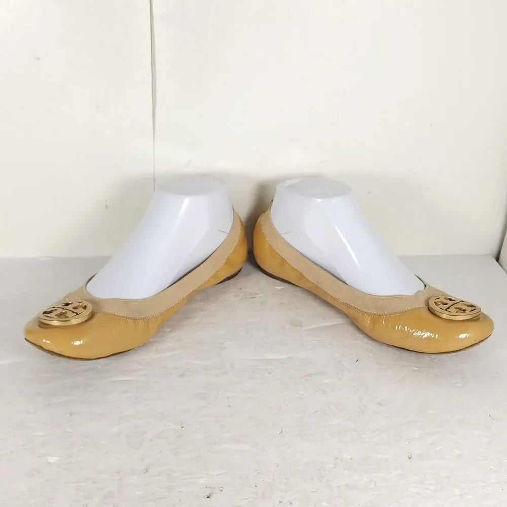 TORY BURCH Women's Caroline 2 US 8M Tan Leather Logo Slip On Ballet Flats